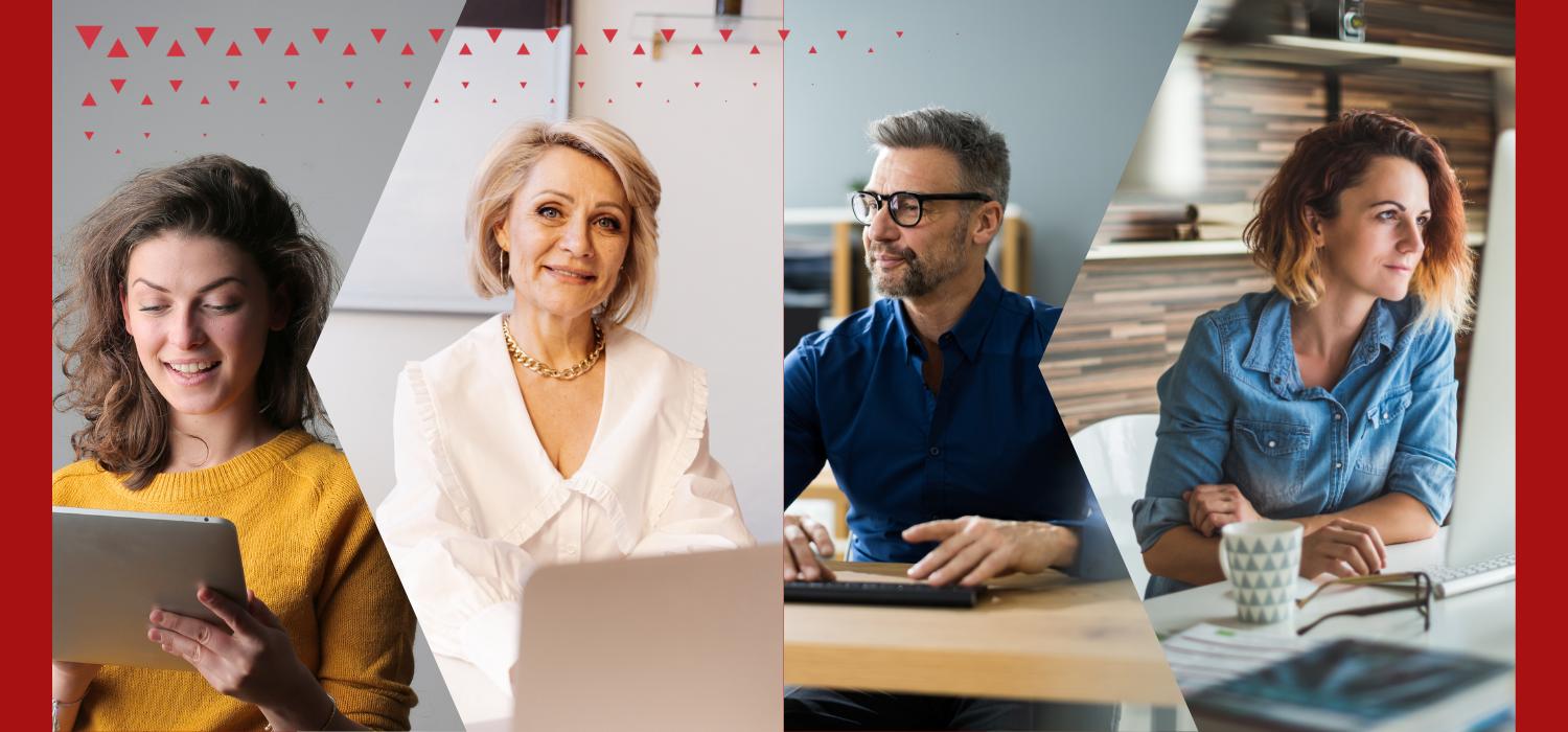 Grafika przedstawiająca górne części sylwetek trzech kobiet i mężczyznę siedzących przy biurkach i pracujących na laptopach lub tabletach