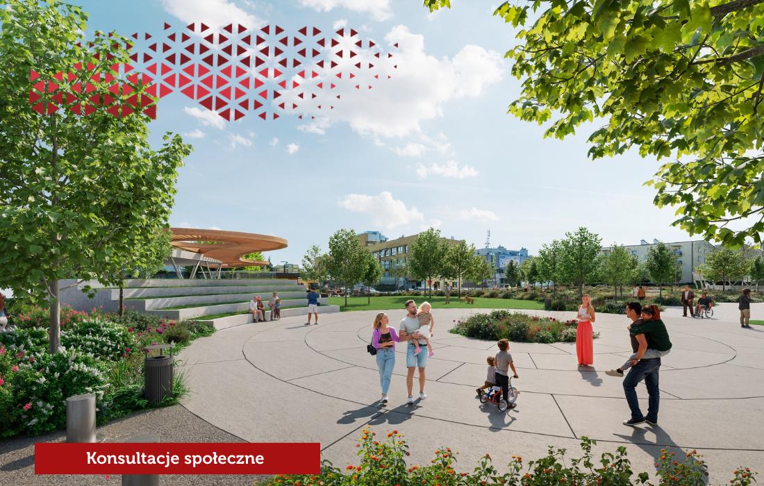 Wizualizacja nowego Placu Centralnego przy Centrum Kultury, widoczny napis konsultacje